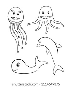 Dolphin, octopus, whale, jellyfish. Vector black illustrations. Isolated on white background. Hand drawn design element for web and poster