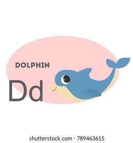 Dolphin on alphabet. Letter D with funny animal.