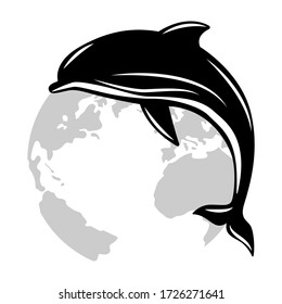 Delfín en el fondo del planeta Tierra. Ilustración vectorial, estilo plano
