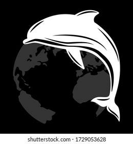 Dolphin on the background of the planet Earth. Vector illustration, flat style