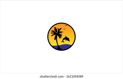 Dolphin on the background of a tropical island, sunset and waves. Flat design for logo and decoration