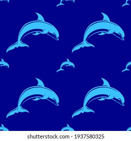Dolphin on a blue background, texture for design, seamless pattern, vector illustration