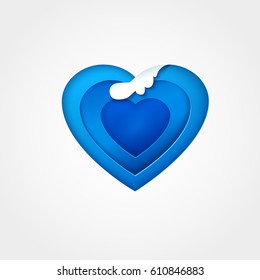 Dolphin on blue heart. Paper art concept. Tourist logo, label, emblem. Vector illustration.