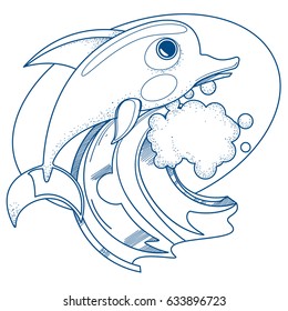 Dolphin on the crest of the wave illustration for thematic publications and design items.