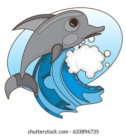 Dolphin on the crest of the wave illustration for thematic publications and design items.