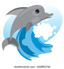 Dolphin on the crest of the wave illustration for thematic publications and design items.