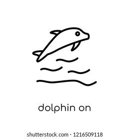 dolphin on water waves icon. Trendy modern flat linear vector dolphin on water waves icon on white background from thin line Summer collection, outline vector illustration