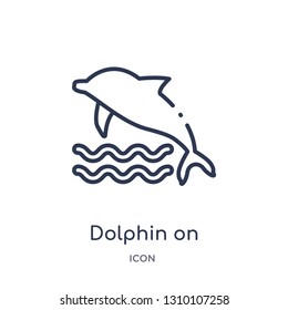 dolphin on water waves icon from summer outline collection. Thin line dolphin on water waves icon isolated on white background.