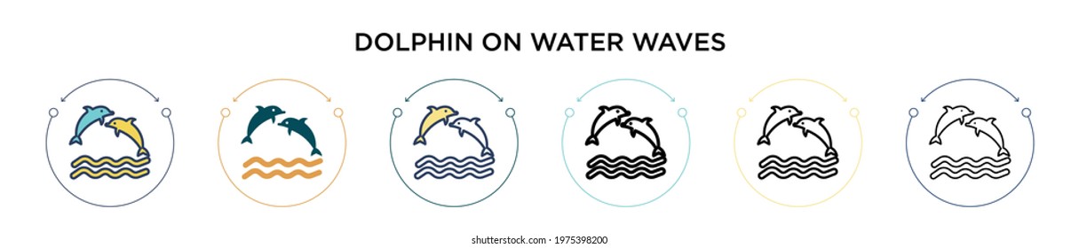 Dolphin on water waves icon in filled, thin line, outline and stroke style. Vector illustration of two colored and black dolphin on water waves vector icons designs can be used for mobile, ui, web