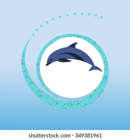 dolphin on a wave. circle on a blue background.