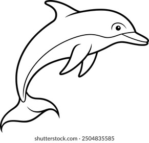 Dolphin outline illustration or silhouette, leaping out of the water in a fluid motion, with clean, curved lines on a white background.