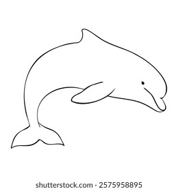 Dolphin painted by black inks in outline style. Hand drawn vector illustration Drawing of Aquatic placental marine mammal with flippers and tail. Etching of underwater fish