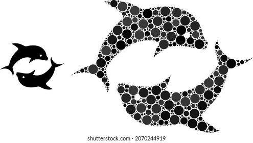 Dolphin pair vector collage of round dots in variable sizes and color tones. Dots are composed into dolphin pair vector collage. Abstract vector design concept.