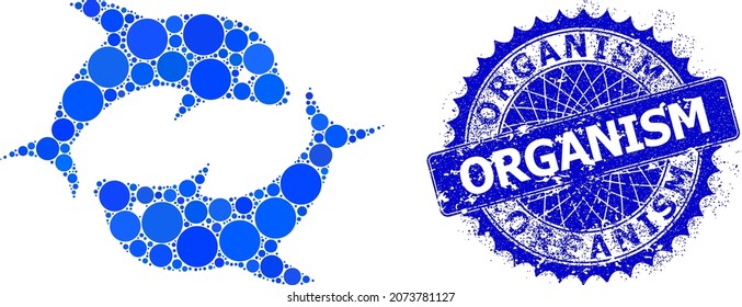 Dolphin pair vector collage of round dots in various sizes and blue color tones, and distress Organism stamp seal. Blue round sharp rosette seal includes Organism tag inside it.