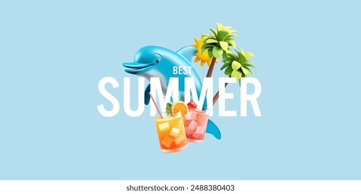 Dolphin, palm trees, cocktails, 3D. For concepts of fun summer vacations on the beach with ice-cold drinks. Summer party, rest. Vector