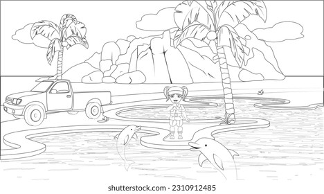 Dolphin Park Coloring Page with Little Girl Caretaker. Vector Illustration