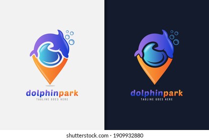 Dolphin Park Logo Design. Dolphin Combine with Location Symbol Logo Design. Vector Logo Illustration.