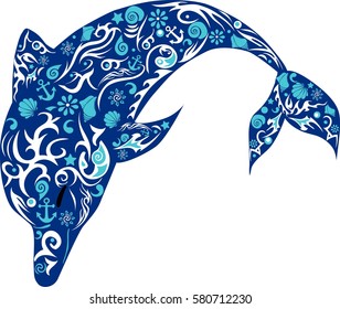 Dolphin with patterns, a marine animal, the jumping fish, wild fauna, a mammal illustration, the vector drawing
