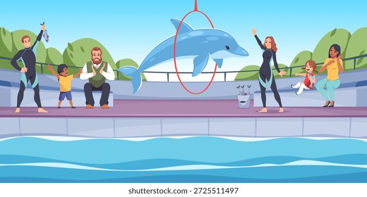 Dolphin performance. Happy viewers watch stunt with sea animals and trainers, family at dolphinarium, jump through ring, entertainment show cartoon flat style isolated illustration tidy vector concept
