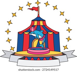 a dolphin performing in front of a circus tent logo
