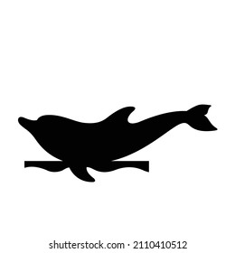 Dolphin performs a trick. Trained dolphin. Vector illustration. Black silhouette on a white background.