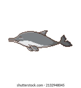 Delfín, símbolo de arte píxel aislado en un fondo blanco. Mascota. retro de los años 80; Gráficos de videojuegos de los 90