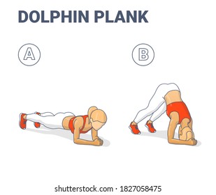 Dolphin Plank Female Home Workout Exercise Guide Illustration. Colorful Concept of Girl Working at Home on Her Triceps a Young Woman in Sportswear Top, Sneakers, and White Leggings Doing in Two Stages