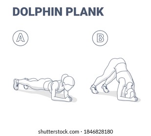 Dolphin Plank Female Home Workout Exercise Guide Illustration. Outline Concept of Girl Working at Home on Her Triceps a Young Woman in Sportswear.