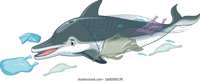 Dolphin with plastic bags on white background illustration