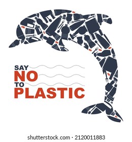 Dolphin from plastic trash. Say no to plastic call. Eco banner. Flat vector illustration.