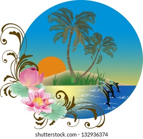 dolphin play in waves near island with palm