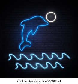 Dolphin playing with a ball. Neon pattern summer. Dolphin, sea, sun. Sea waves and sun. Summer vacation. Jumping Dolphin. A bright pattern of neon. Vector image