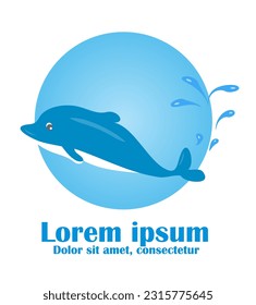 Dolphin playing in the sea framed in a circle shape with text, for company logo or other purposes. Vector illustration isolated on white background.
