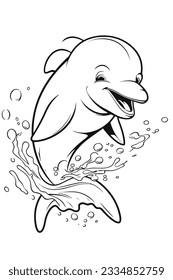 Dolphin playing sketch outline for coloring book page. Cartoon dolphin with splash of water line art, vector design. Cute dolphin happy, drawing art work.