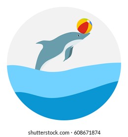 Dolphin plays with the ball. Flat design, vector illustration, vector.