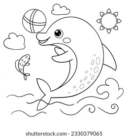 Dolphin plays with a ball in the sea. Black and white linear drawing. The theme of summer, the sea. For children's design of coloring books, prints, posters. stickers, puzzles, postcards, etc. Vector