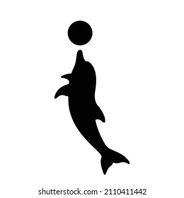 Dolphin plays with a ball. Trained dolphin. Vector illustration. Black silhouette on a white background.