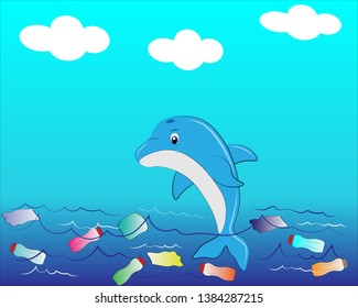 dolphin in polluted water with plastic