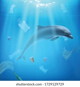 Dolphin and pollution in the sea realistic composition with dolphin swims in the middle of plastic waste vector illustration