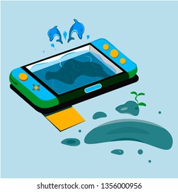 Dolphin in the pool. Game console. Isometric flat style illustration.