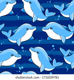 Dolphin print seamless texture for textile, fabric, swimsuit. Marine theme, ocean. Summer graphic design pattern with cute fishes. Vector.