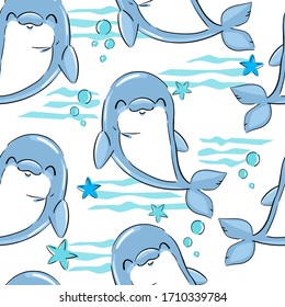 Dolphin-Druck nahtlose Textur für Textilien, Stoff, Badeanzug. Meeresthema, Ozean. Sommergrafisches Design-Muster mit süßen Fischen. Vektorillustration.