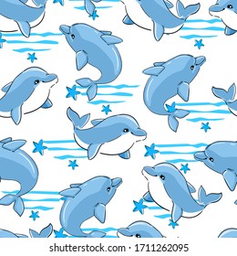 Dolphin print seamless texture for textile, fabric, swimsuit. Marine theme, ocean. Summer graphic design pattern with cute fishes. Vector.