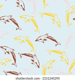 Dolphin print seamless texture for textile, fabric, swimsuit.  Hand painted watercolor pattern with stylized blue dolphin. 