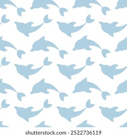 Dolphin and reflection. Blue sea mammal. Seamless vector pattern. Endless ornament of diving and emerging sea mammals. Isolated colorless background. Flat style. Ocean inhabitant with fins and tail. 