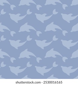 Dolphin and reflection. Blue sea mammal. Seamless vector pattern. Endless ornament of diving and emerging sea mammals. Isolated lilac background. Flat style. Ocean inhabitant with fins and tail. 