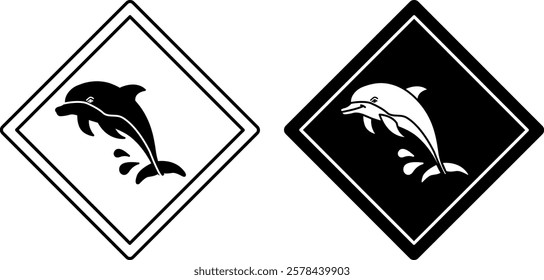 Dolphin Road Signs. Black and White Vector Icons. Fish. Road Sign Warning about Animals. Zoo Sticker