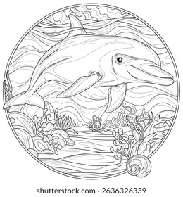 Dolphin in a round frame .Coloring book antistress for children and adults. Illustration isolated on white background.Zen-tangle style. Hand draw