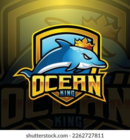 Dolphin royal king mascot logo design vector with modern illustration concept style for badge, emblem and tshirt printing. modern dolphin shield logo illustration for sport, gamer, streamer