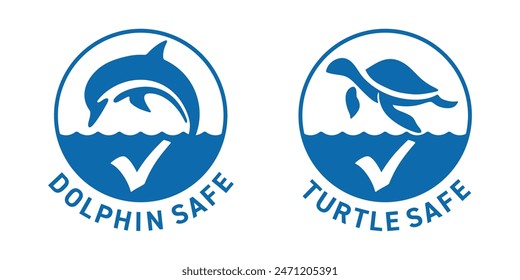 Dolphin Safe and Turtle Safe labels for canned fish. In flat monochrome style. Certifications indicating that fishing methods used to catch the fish are designed to minimize harm to sea animals